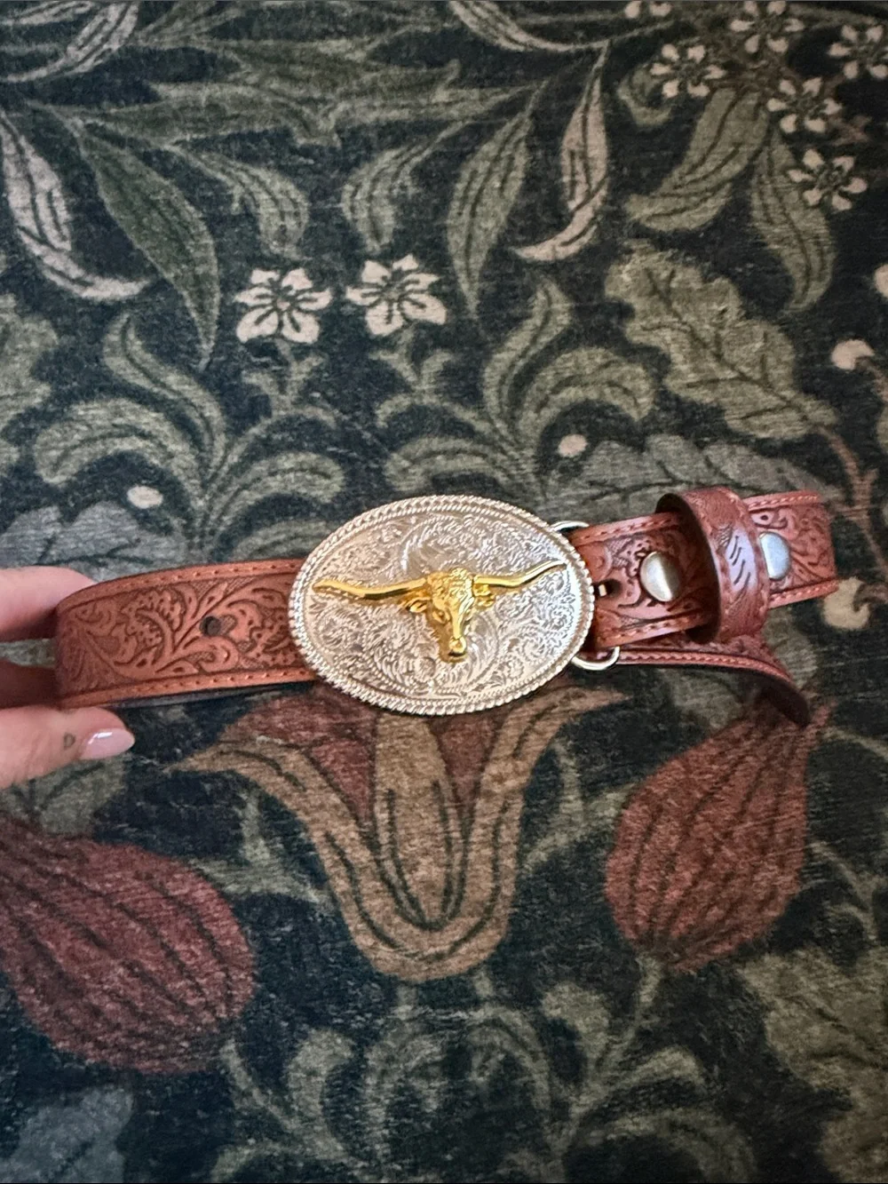 Brown Tooled Kids Belt with Silver Oval Buckle & Gold Longhorn
